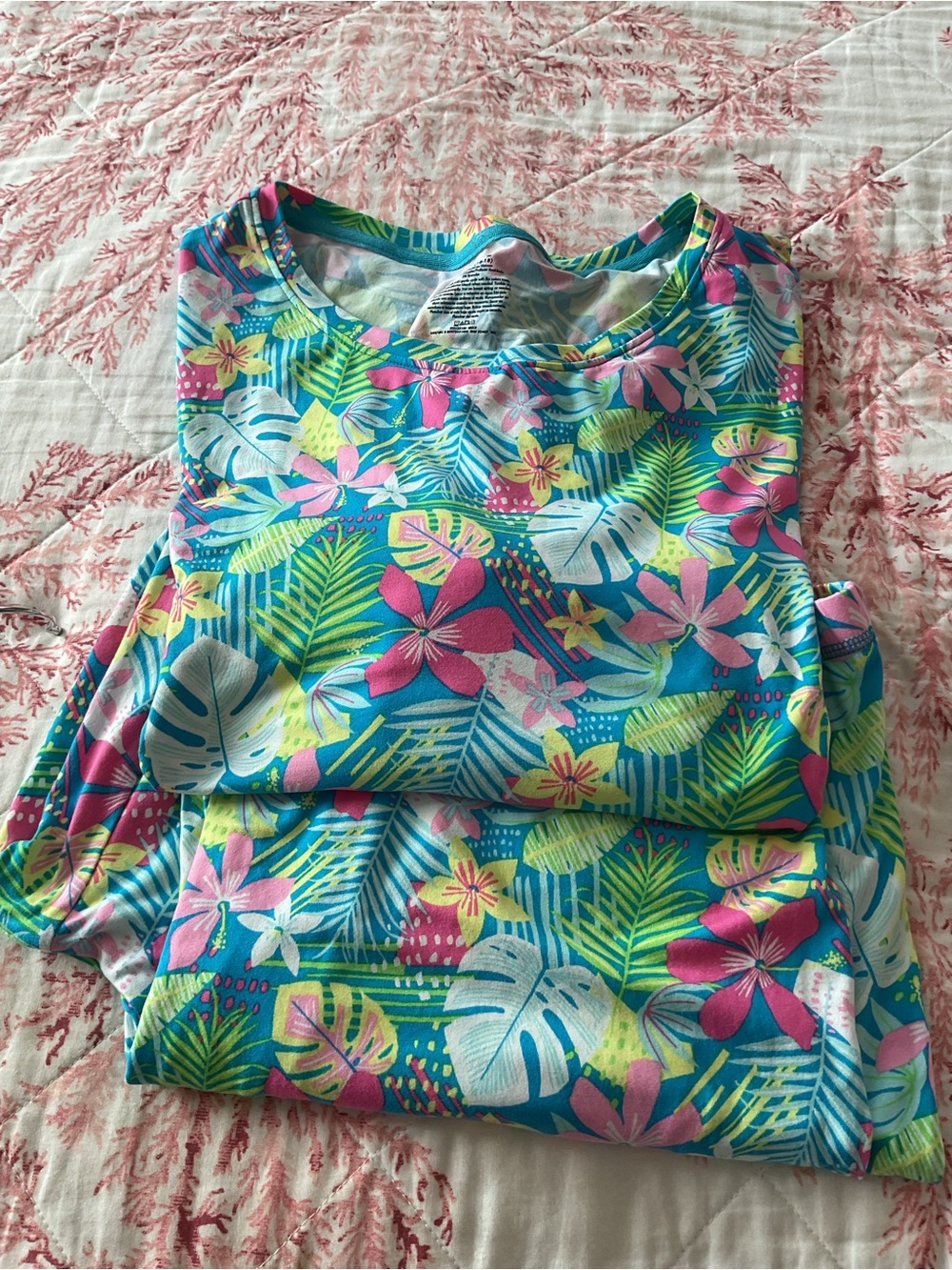 Womens Tropical Floral Blue Pink Short-Sleeve Pajama Set XL